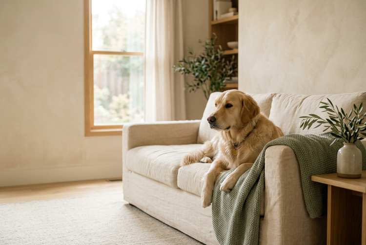 A golden retriever relaxing on a cream sofa in a sunlit living room