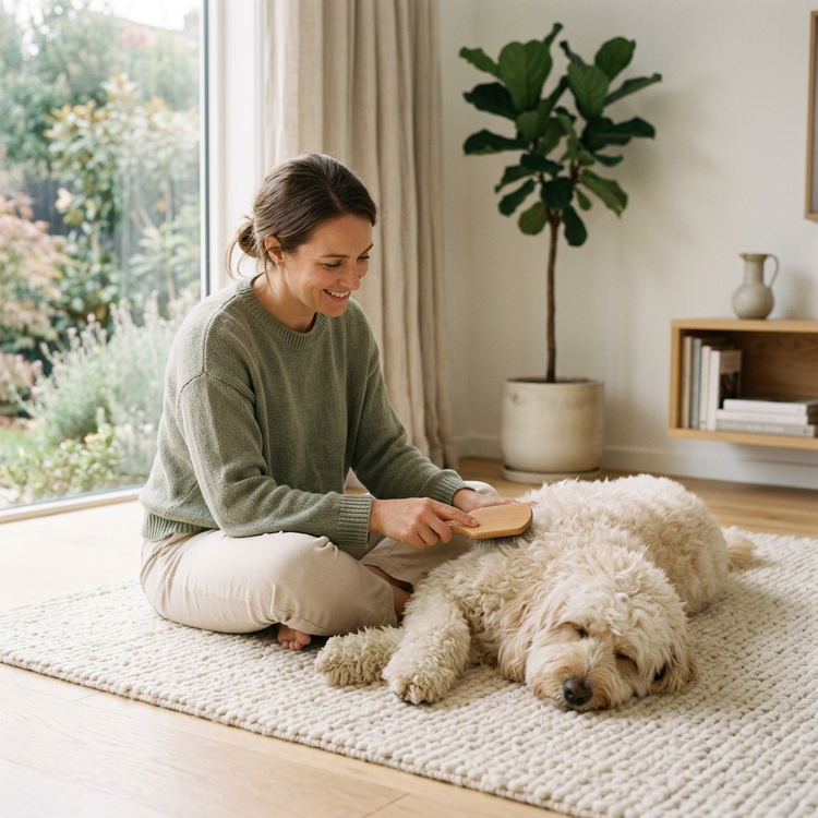 A woman gently brushing her fluffy dog on a cream rug