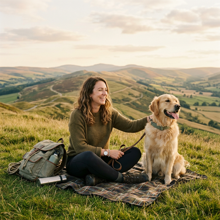 A woman and her golden retriever resting on a grassy hilltop