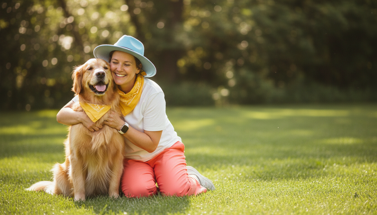 A smiling woman hugging her golden retriever on a sunny lawn