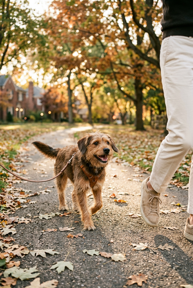 A happy dog on a leash walking down an autumn neighborhood path